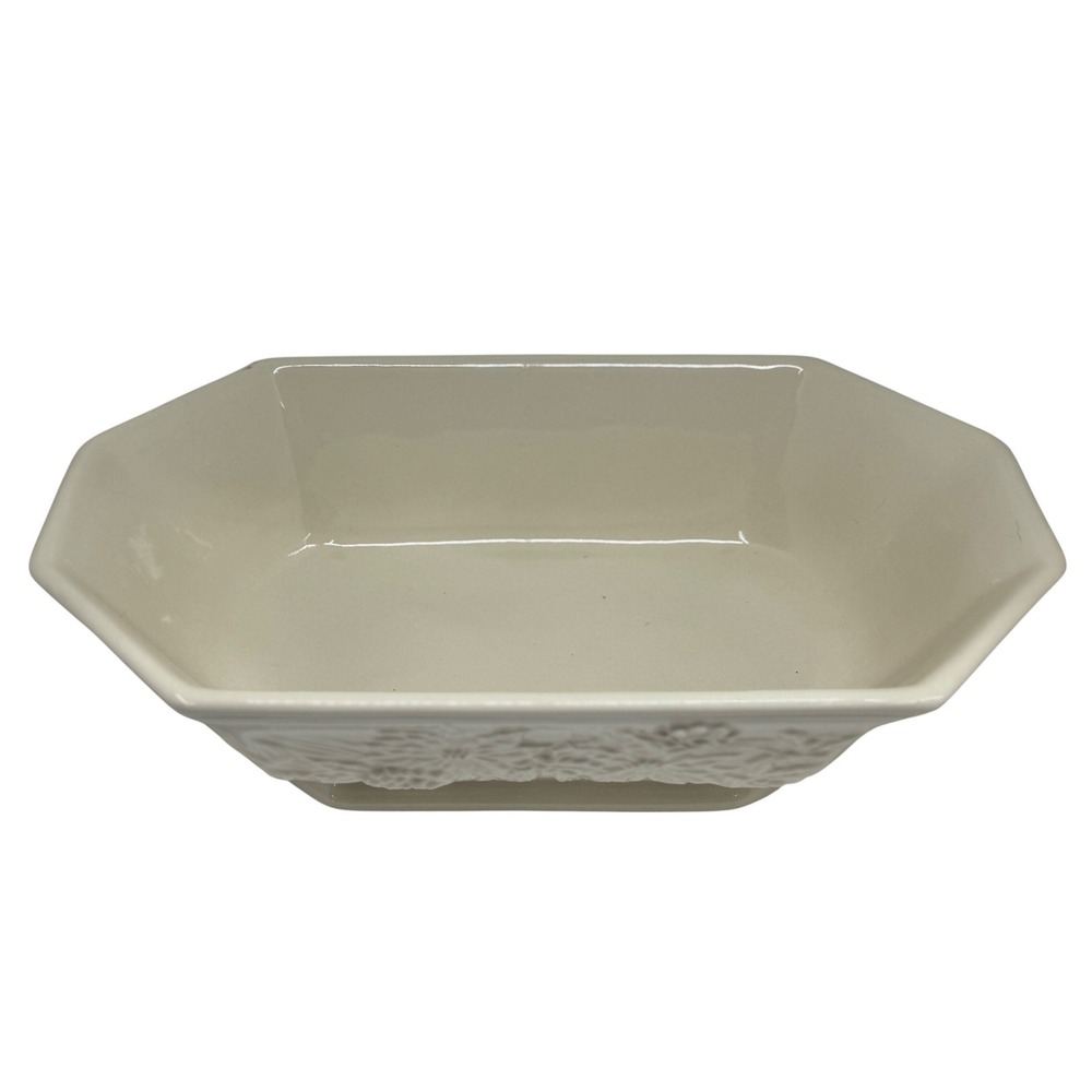 Longaberger Serving Bowl Cream Holiday Poinsettia Embossed Ceramic Rectangular